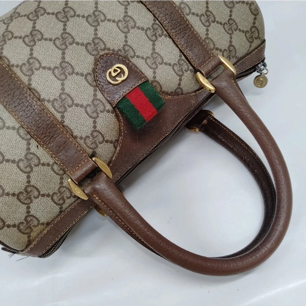 Gucci Brown and Beige GG Canvas Satchel with Green-Red Accent